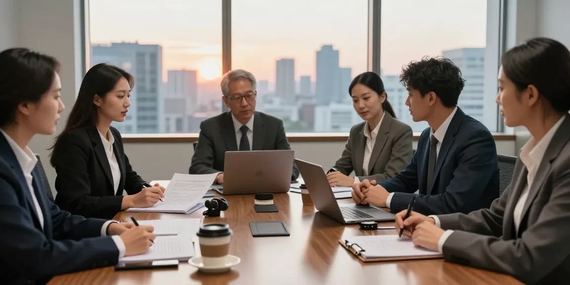Law professionals discussing his explanation of legal cases in a modern office setting